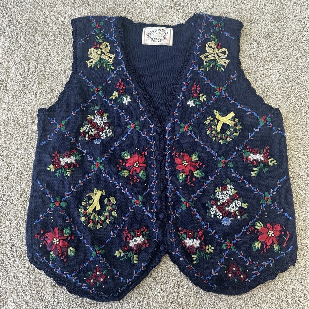 Vintage Erika Classic Womens Small Blue Ramie Cotton Embroidered Bow Floral Vest